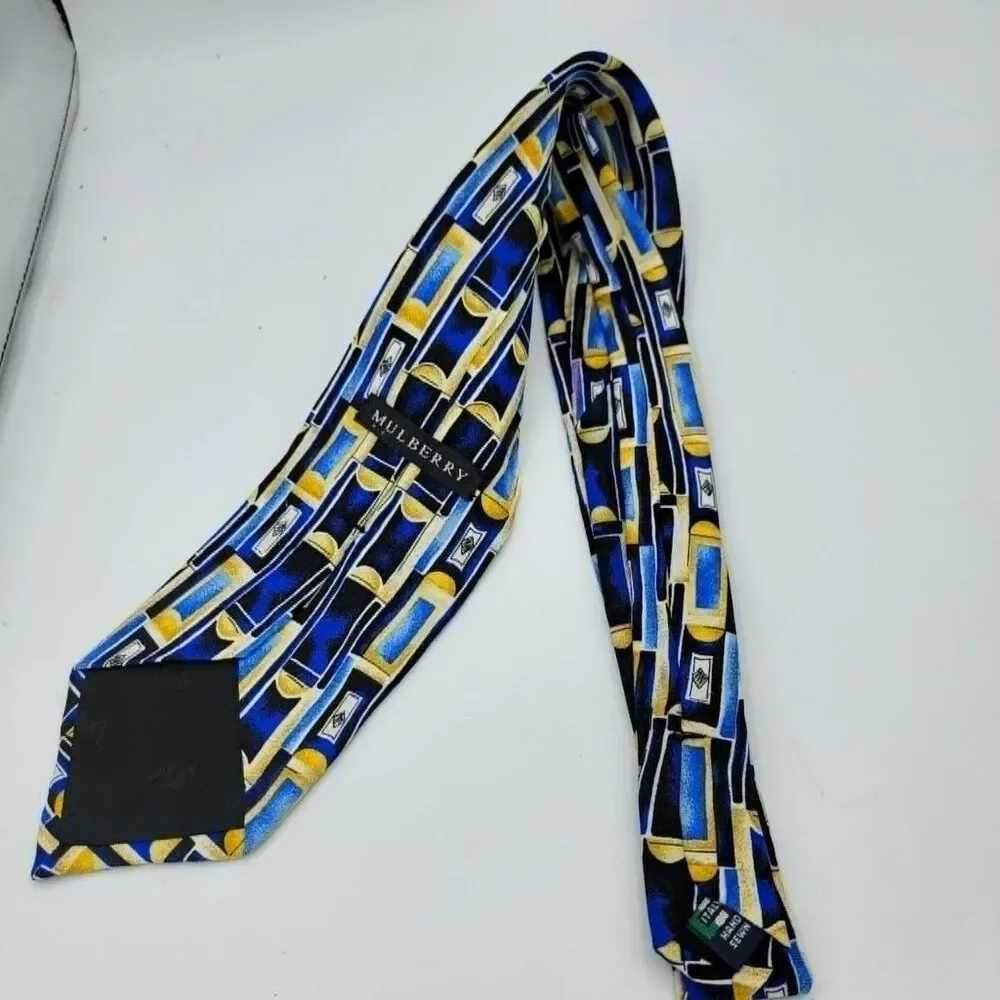 Mulberry Men’s Geometric Necktie Blue Gold 100% Italian Silk 57 x 4